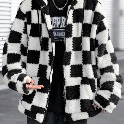 Men's Black & White Checkerboard Fleece Hooded Zip-Up Jacket Winter Thick Warm Sherpa Casual Coat