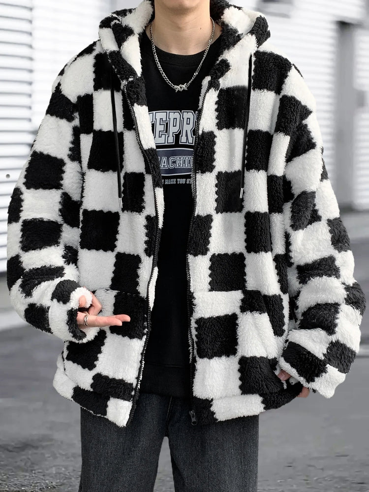 Men's Black & White Checkerboard Fleece Hooded Zip-Up Jacket Winter Thick Warm Sherpa Casual Coat