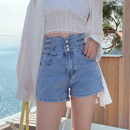 Women's super high waisted denim shorts for summer girls, new black A-line waist cinching slimming design, hot pants PlatiNum