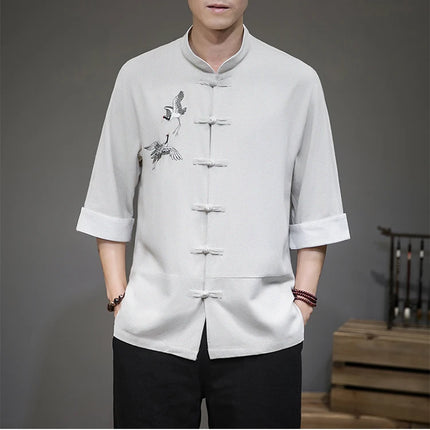 Camicie con ricamo gru Abbigliamento tradizionale cinese vintage Mezza manica da uomo in lino Solido colletto Madarin Cardigan Hanfu Kungfu
