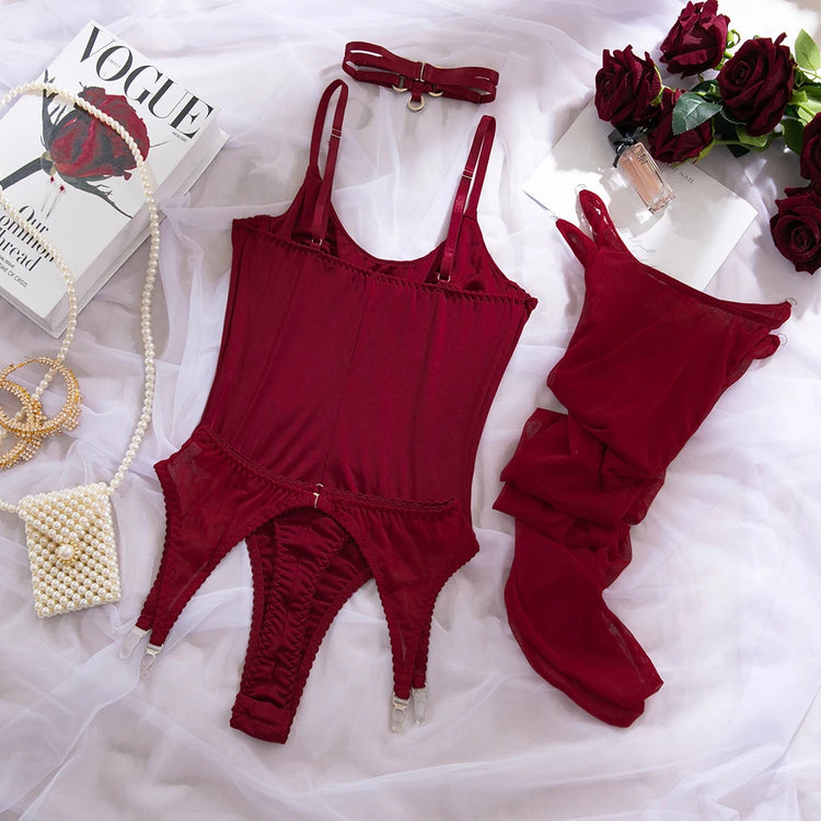 New Arrivals 4 Piece Garter Bodysuit Lingerie Sets with Stockings Women Elegant Private Intimate Hot Underwear Bra Set