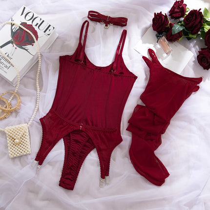 New Arrivals 4 Piece Garter Bodysuit Lingerie Sets with Stockings Women Elegant Private Intimate Hot Underwear Bra Set