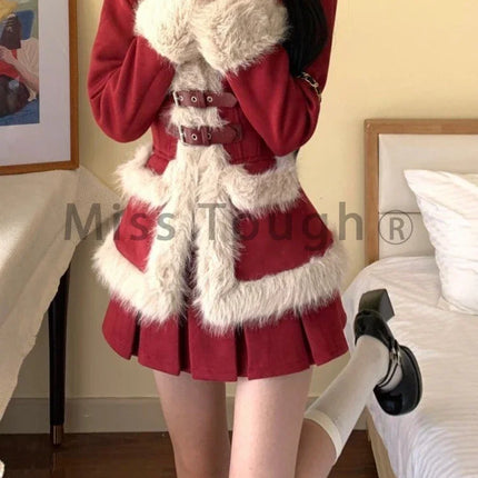 Winter Japanese Vintage Red Design Sweet New 2 Pieces Set Aesthetic Warm Coat + Mini Pleated Skirt Lady Party Fashion Suit 2024