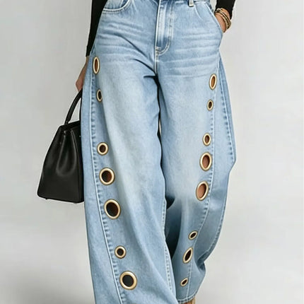 Jeans da Donna a Gamba Larga, Vita Media, con Dettagli Traforati, Effetto Vintage, Stile High Street, Eleganti, da Lavoro, Casual, Pantaloni Dritti