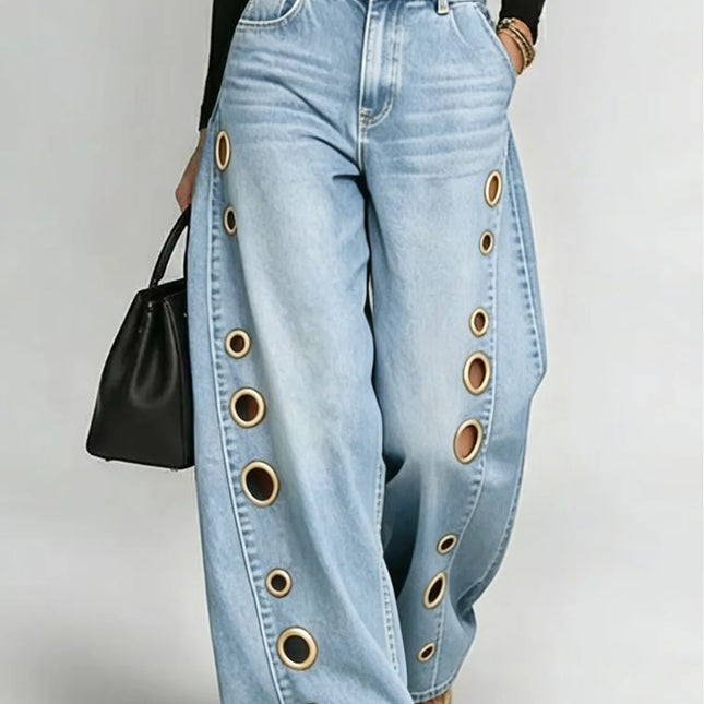 Jeans da Donna a Gamba Larga, Vita Media, con Dettagli Traforati, Effetto Vintage, Stile High Street, Eleganti, da Lavoro, Casual, Pantaloni Dritti