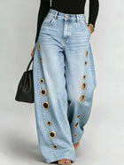 Jeans da Donna a Gamba Larga, Vita Media, con Dettagli Traforati, Effetto Vintage, Stile High Street, Eleganti, da Lavoro, Casual, Pantaloni Dritti