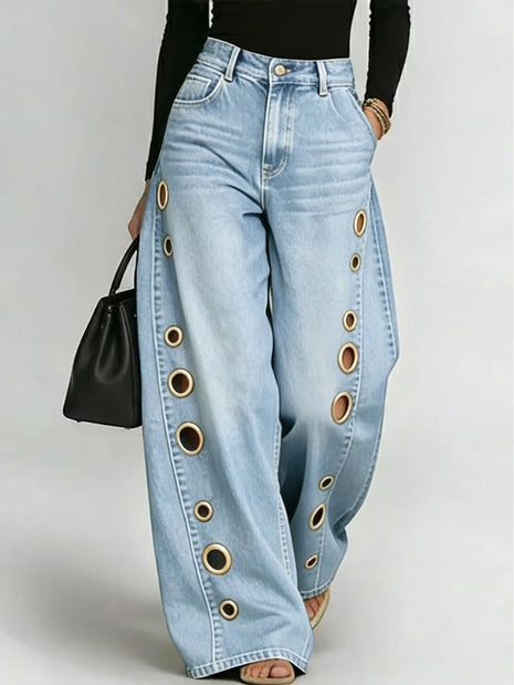 Women's Wide Leg Jeans, Mid-Rise, with Cut-out Details, Vintage Effect, High Street Style, Elegant, Work, Casual, Straight Pants