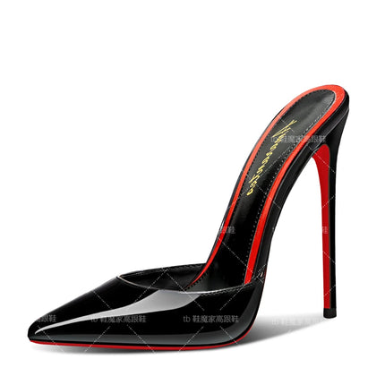 Sandali Baotou da donna nuovo stile 2025, tacchi alti con fondo rosso a punta da 12 cm, tacchi ultra fini, mezze pantofole per uso esterno platinumshop