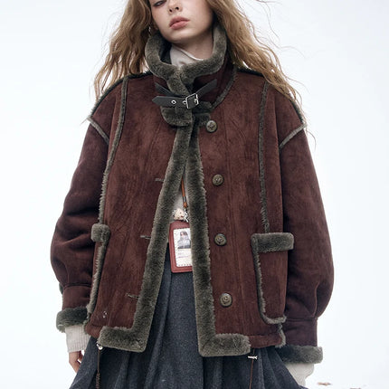 ELFSACK Women's Vintage Suede Plush Winter Coat 2025, Loose Turn-Down Collar Blend Jacket, Casual Versatile Outerwear