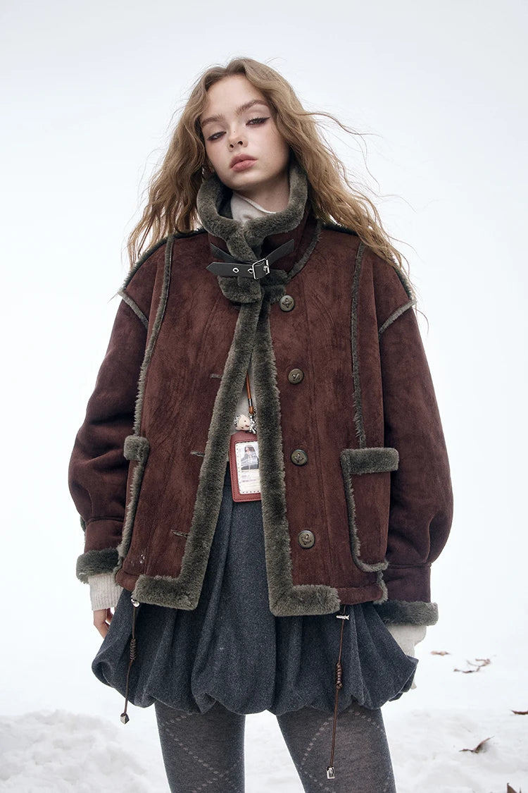 ELFSACK Women's Vintage Suede Plush Winter Coat 2025, Loose Turn-Down Collar Blend Jacket, Casual Versatile Outerwear