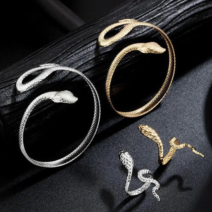 Offerta Speciale: Set di 2 Bracciali e Anelli a Forma di Serpente Punk, Bracciali Apribili a Spirale e Anelli per Dita, Gioielli per Mani Unisex platinumshop