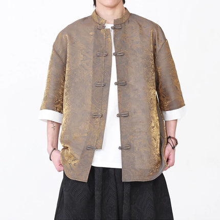 Camicia da Uomo di Lusso con Sfumature Colorate, Jacquard a Maniche Corte, Stile Cinese Tradizionale, Fresca per l'Estate, in Seta Ghiaccio