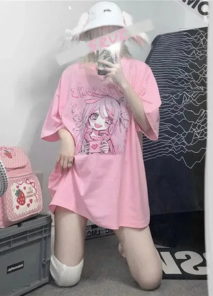 Primavera estate nuova versione coreana Harajuku Pink Cute Anime Cartoon Girl stampa t-shirt a maniche corte allentata studentessa superiore