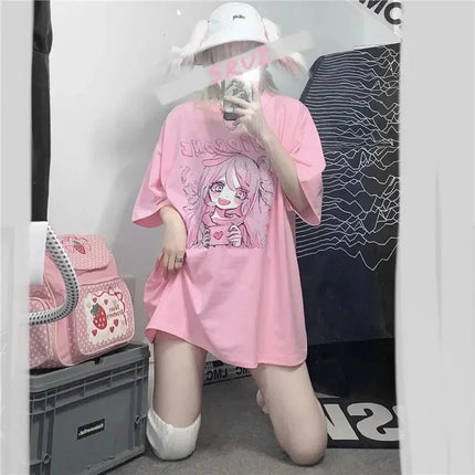 Printemps été Nouvelle version coréenne Harajuku Rose Mignon Anime Cartoon Fille T-shirt à manches courtes ample étudiant haut