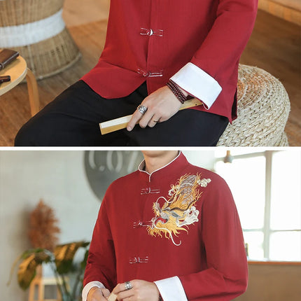 Camicie da Uomo a Maniche Lunghe in Stile Cinese, Ricamate, per Kung Fu e Tai Chi, Cardigan Retrò in Lino, Abito Tradizionale Tang, Top Tradizionale da Uomo