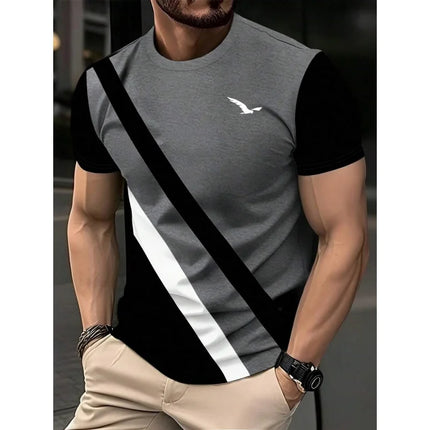 T-shirt con giunture geometriche stampate in 3D per uomo T-shirt con motivo a strisce colorate T-shirt casual estive con o-collo maniche corte larghe