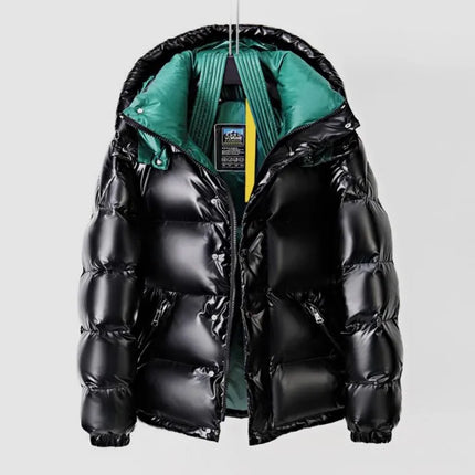 Fashion Mens Winter Mixed Colors Thick Warm 90% White Duck Down Jacket Bright Pu Leather Overcoat Streetwear Hooded Outwear Coat