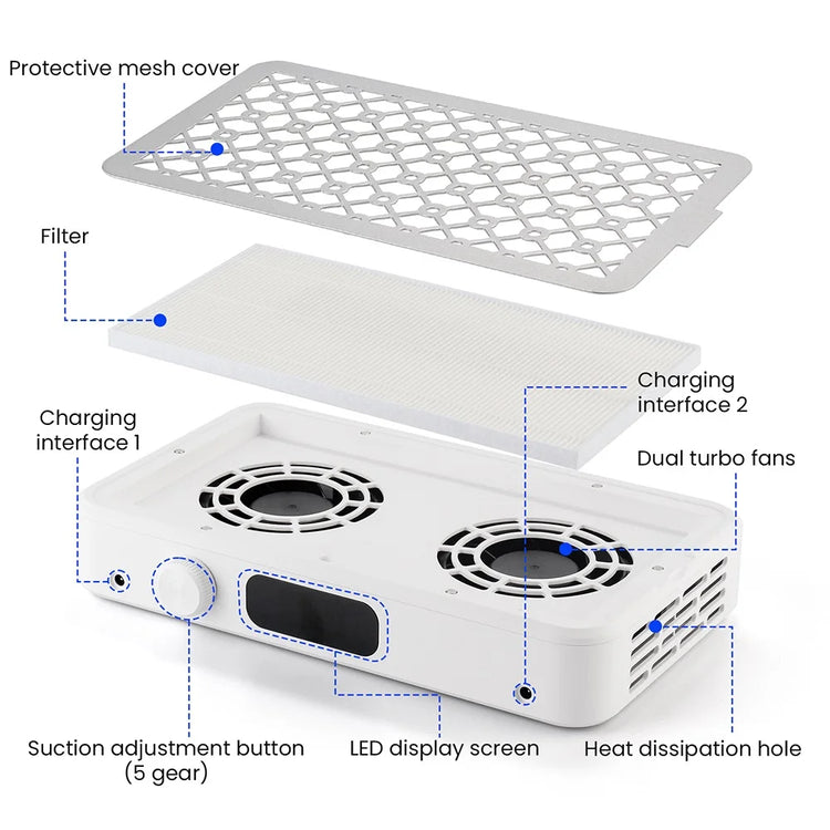 Brushless Twin Turbo Nail Dust Extractor with Multi Adjustable Speed 2500-3500RPM Double Strong Fan Vacuum Cleaner Professional Salon Manicure Dust Collection Tool