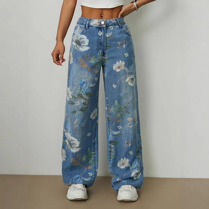 2026 Jeans stampati primaverili Pantaloni larghi a gamba dritta larghi di tendenza europea americana da donna Pantaloni versatili a gamba larga a vita bassa