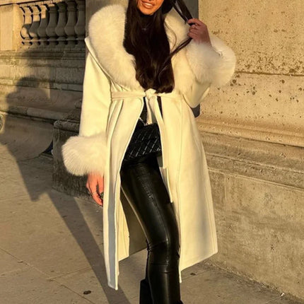 Women's Solid Color Lace Up Fur Collar Woolen Overcoat Bathrobe Style Long Loose Coat Advanced Atmosphere Autumn Winter Overwear