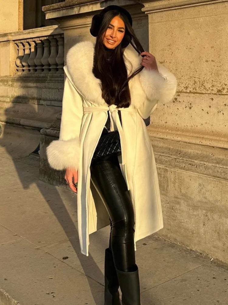 Women's Solid Color Lace Up Fur Collar Woolen Overcoat Bathrobe Style Long Loose Coat Advanced Atmosphere Autumn Winter Overwear