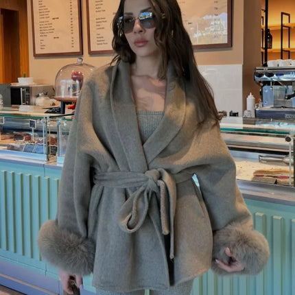 Solid Lace Up Faux Fur Sleeve Jacket Woman Elegant Mid-length V-neck Woolen Blend Coat Autumn Casual Fashion Scarf Outwear 2025