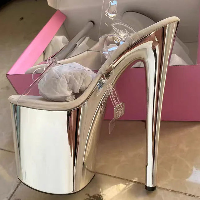 Glossy electroplated Cross dressing 8 inches high heel Stripper 20cm sandals  Clear Exotic Sexy platform pole Dance Sexy womens PlatiNum