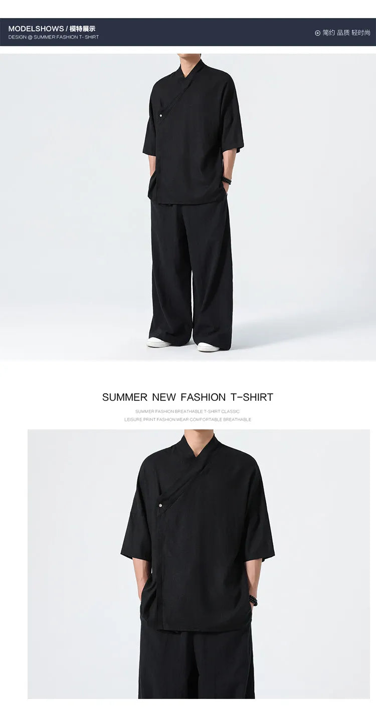 Camicie Estive 2026 da Uomo, Stile Cinese Retrò Tradizionale in Lino Traspirante, Abbigliamento Maschile per Kung Fu e Tai Chi, Bluse Casual Stile Tang