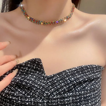 Luxury Shiny Full Rhinestone Choker Necklace for Women Personalized Geometric Crystal Necklaces Wedding Jewelry Party Gifts PlatiNum