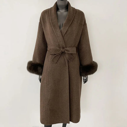 Elegant OL Office Lady Overcoats Fur Patchwork Long Sleeve Woolen Coat Beautiful Women's Clothing Jacket Autumn 2025 Spring