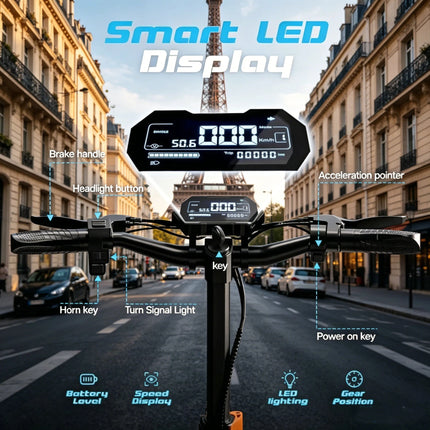 Monopattino Elettrico a Doppio Motore 2400W, Batteria 52V 20.8Ah, Autonomia 65km, Freno a Disco, Pneumatici da 10 Pollici, Pieghevole, Capacità di Carico 200kg