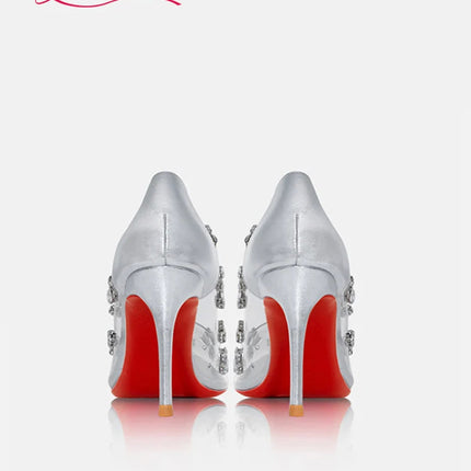 Red sole transparent pointed head sexy female stiletto high heels wedding shoes silver rhinestone crystal fairy style new 2024 PlatiNum