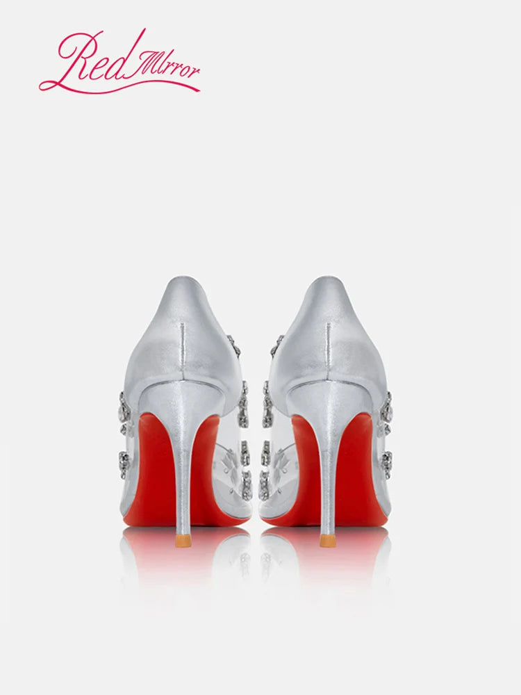 Red sole transparent pointed head sexy female stiletto high heels wedding shoes silver rhinestone crystal fairy style new 2024 PlatiNum
