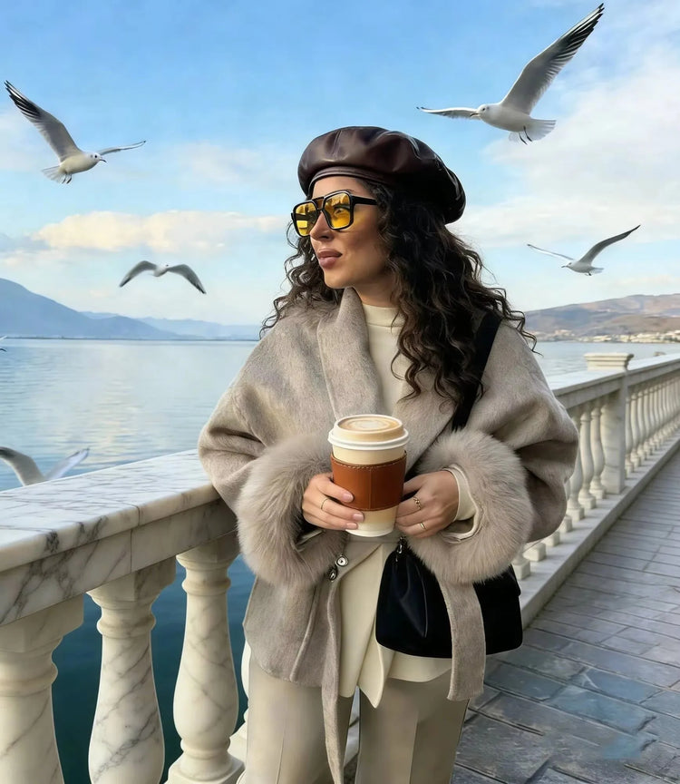 UCXQ Elegant Woolen Coat Temperament Office Lady Overcoats Fur Patchwork Long Sleeve Beautiful Women's Coats 2025 Winter New