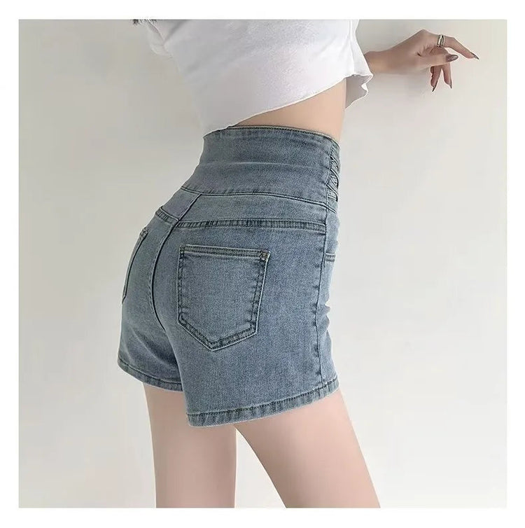 Women's super high waisted denim shorts for summer girls, new black A-line waist cinching slimming design, hot pants PlatiNum