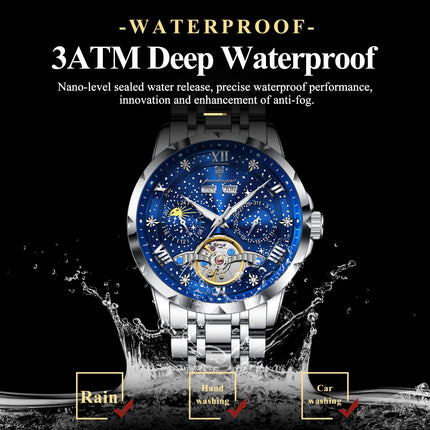 POEDAGAR Top Orologio da uomo originale Orologio meccanico automatico da uomo in acciaio inossidabile Calendario Hollow Tourbillon Orologio da uomo Maschio + scatola platinumshop