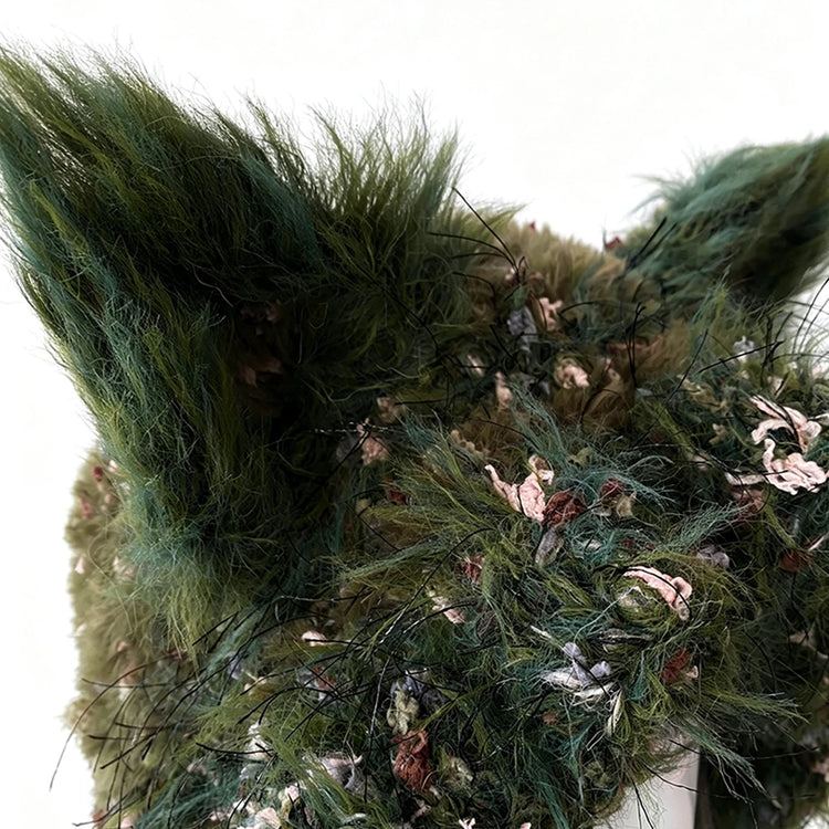 Custom Handmade Crochet Moss Green Fox Ear Hat Women Plush Floral Knitted Beanie Men Goblincore Cosplay Forest Winter Warm Hood
