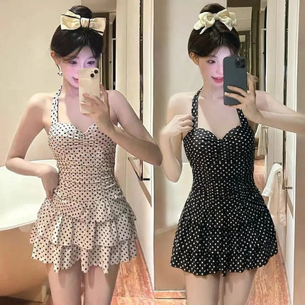 Costume da bagno intero estetico da donna con scollo all'americana, fantasia a pois, corpetto arricciato e gonna a balze, stile Kawaii Lolita platinumshop