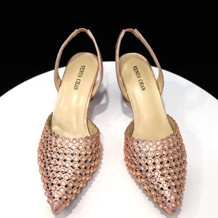 Venus Chan Pointed Toe Heels for Women 2023 Elegant Party Wine Color Full Diamond Pumps Italian Shoes and Bags Matching Set PlatiNum