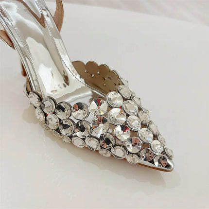 Hlieny Hollow Out Patent Leather Women Pumps Fashion Crystal Diamonds Pointed Toe Gold Silver High Heels Shoes Stiletto Sandals PlatiNum
