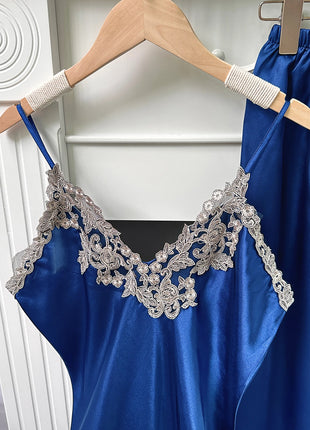 Set da notte in raso da 5 pezzi abito sottoveste in pizzo Cami Top pantaloncini con volant pantaloni da salotto pigiameria da notte da donna