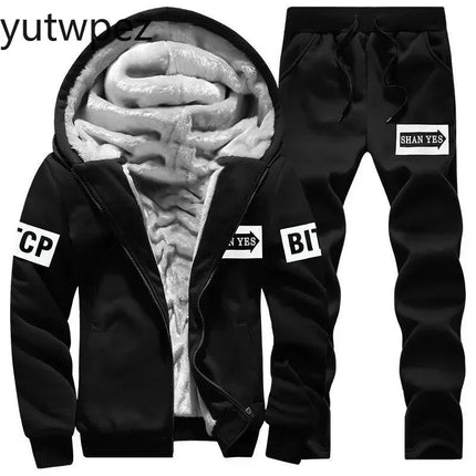 M-6XL Men's Winter 2 Piece Tracksuit Set, Thickened Warm Hooded Coat & Sweater, Outdoor Hiking Cycling Camping Running Outerwear
