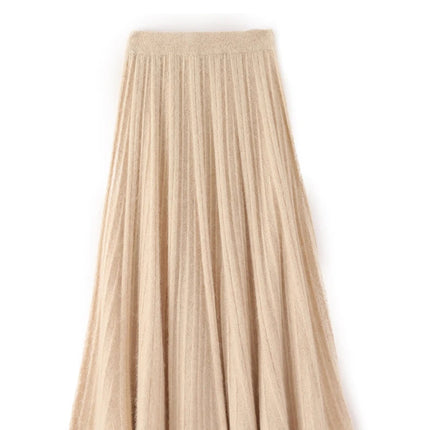 FRSEUCAG Autumn and winter women's warm half skirt 100% mink cashmere pleated skirt thick long skirt soft and loose fashionable PlatiNum