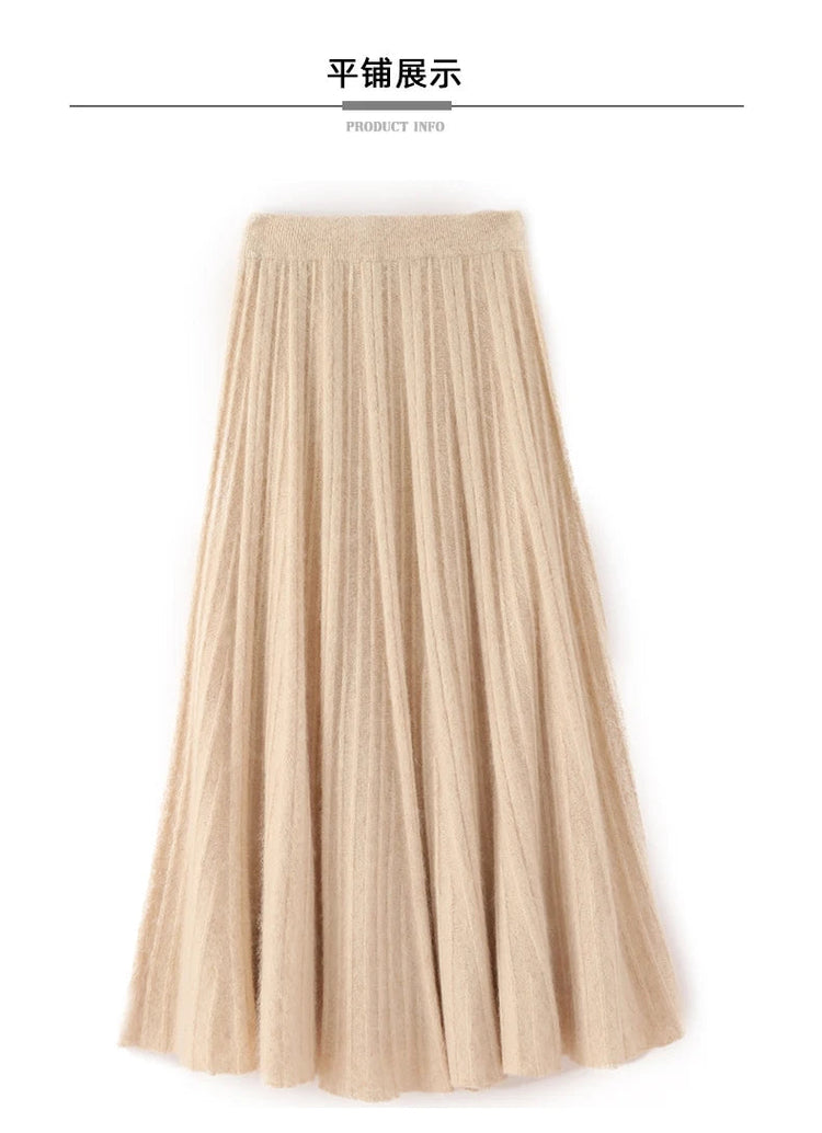 FRSEUCAG Autumn and winter women's warm half skirt 100% mink cashmere pleated skirt thick long skirt soft and loose fashionable PlatiNum