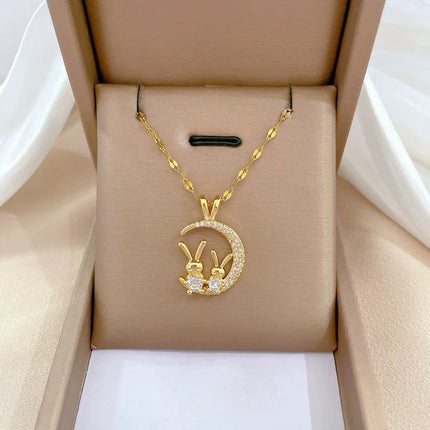 EILIECK 316L Stainless Steel Shine Cubic Zirconia Swan Pendant Necklace Gold Color Texture Metal Personalized Jewelry Neck Chain PlatiNum