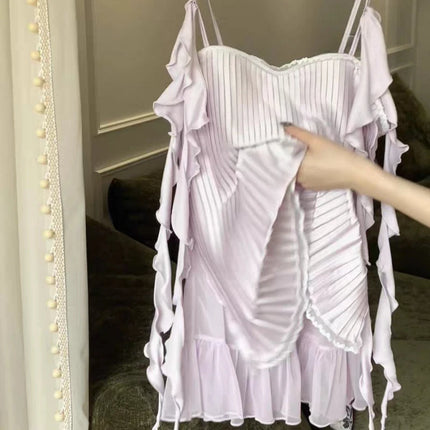 Women's Sexy Soft Chiffon Silk Nightgown with Straps and Pleats, Off-Shoulder Lingerie with Puff Sleeves and Ruched Details, 2026 Collection