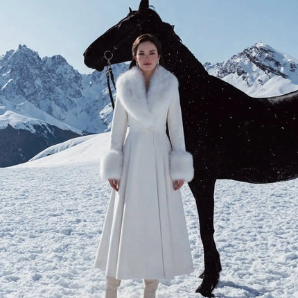 Women Elegant Long Wool Blend Coat Faux Fur Big Collar Cuff Cinched Waist Flare A‑line Maxi Coat Retro Party Outerwear Overcoat