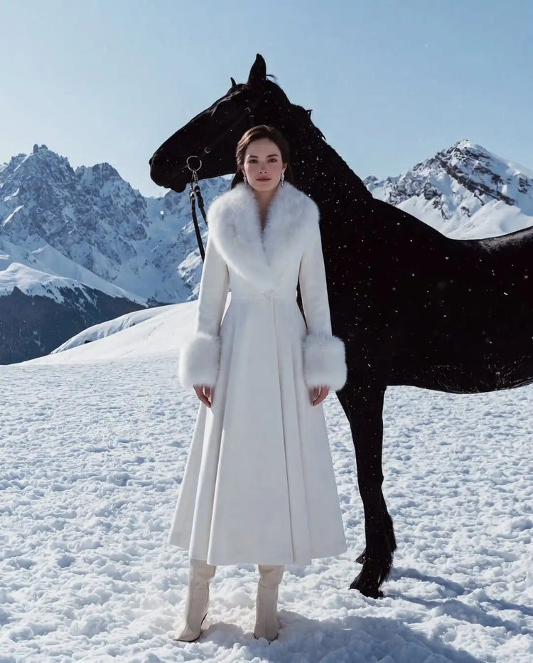 Women Elegant Long Wool Blend Coat Faux Fur Big Collar Cuff Cinched Waist Flare A‑line Maxi Coat Retro Party Outerwear Overcoat