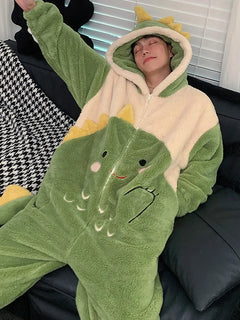 Couples Kigurumis Dinosaur Pajamas Jumpsuits Sleepwear Women Men Winter Thicken Hooded Cartoon Pyjamas Coral Fleece Loose Soft