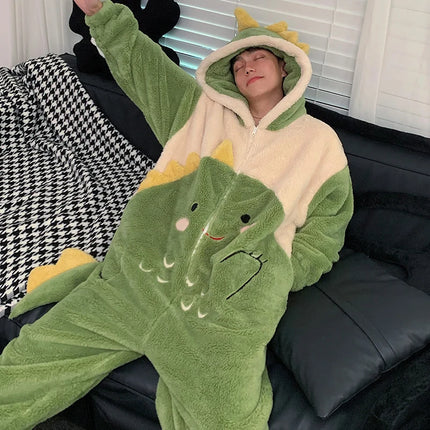 Couples Kigurumis Dinosaur Pajamas Jumpsuits Sleepwear Women Men Winter Thicken Hooded Cartoon Pyjamas Coral Fleece Loose Soft